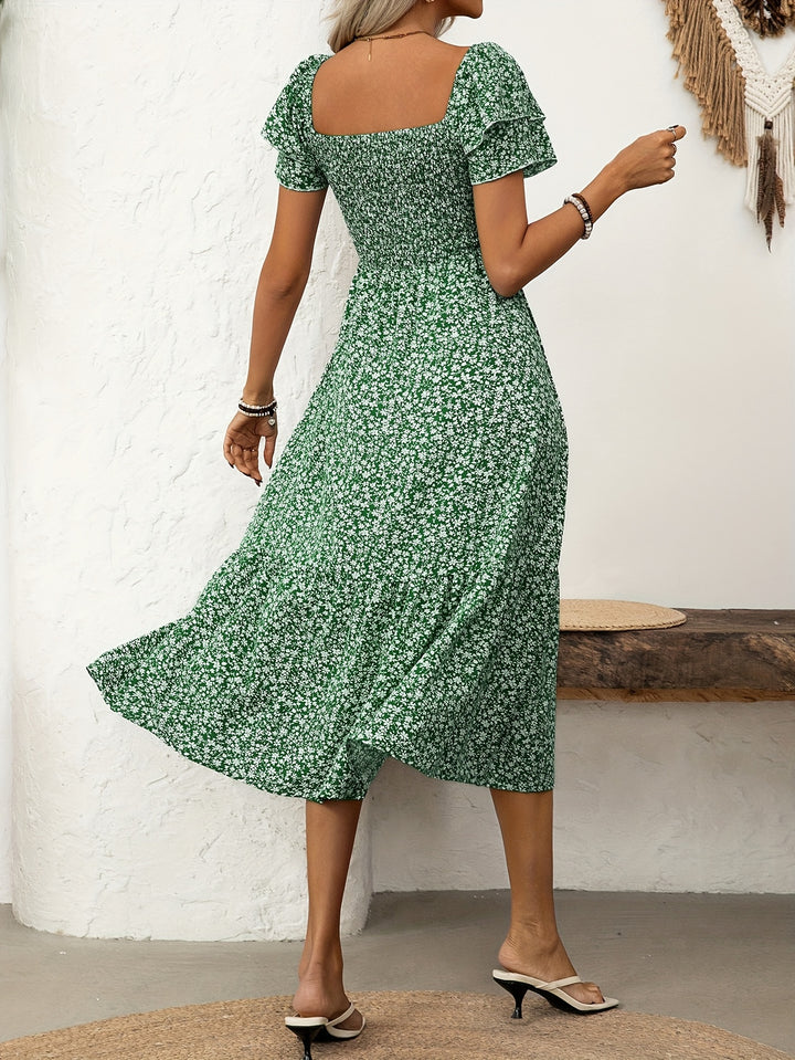 Ebba™ | Elegant Midi Kjole med Blomstermønster og Flæser