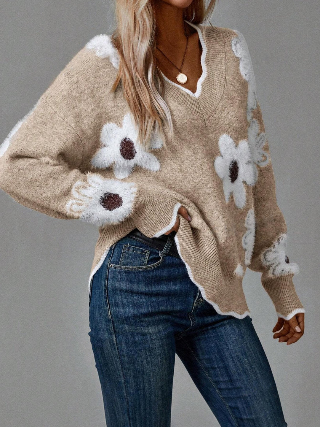 Odette™ - Elegant Blomster Sweater med Bølgekant