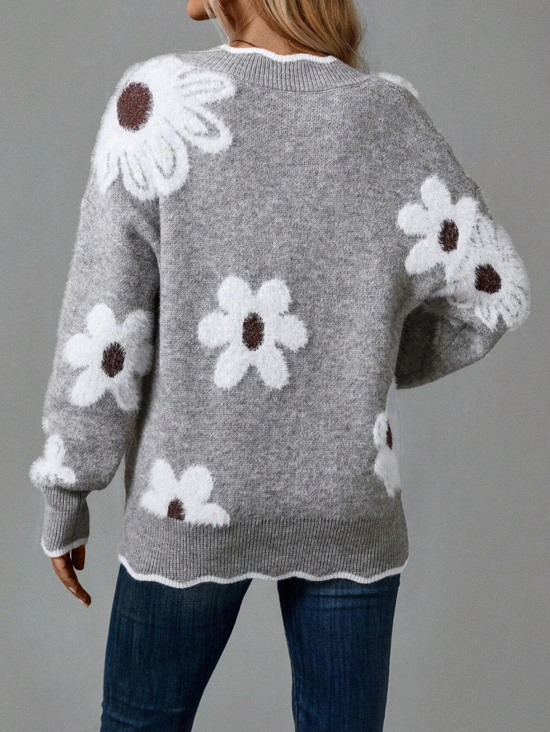 Odette™ - Elegant Blomster Sweater med Bølgekant