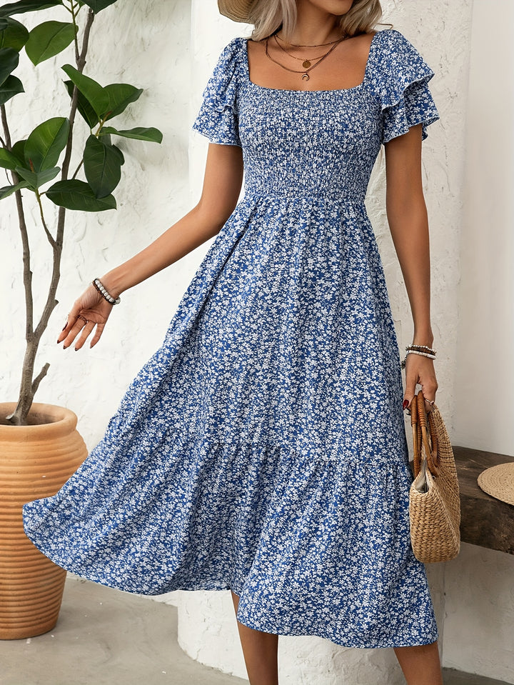 Ebba™ | Elegant Midi Kjole med Blomstermønster og Flæser