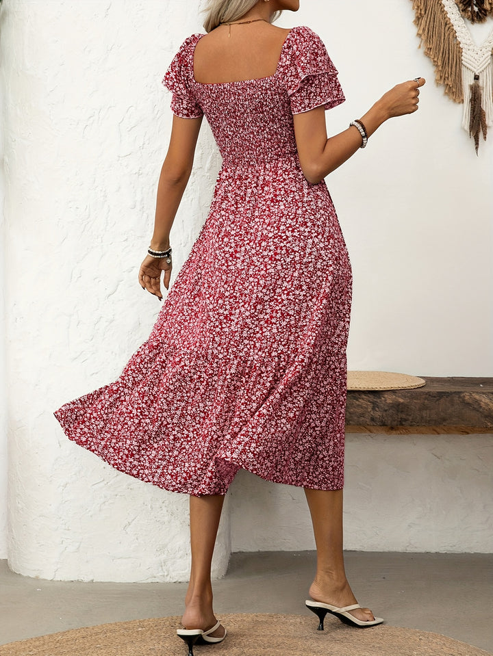 Ebba™ | Elegant Midi Kjole med Blomstermønster og Flæser