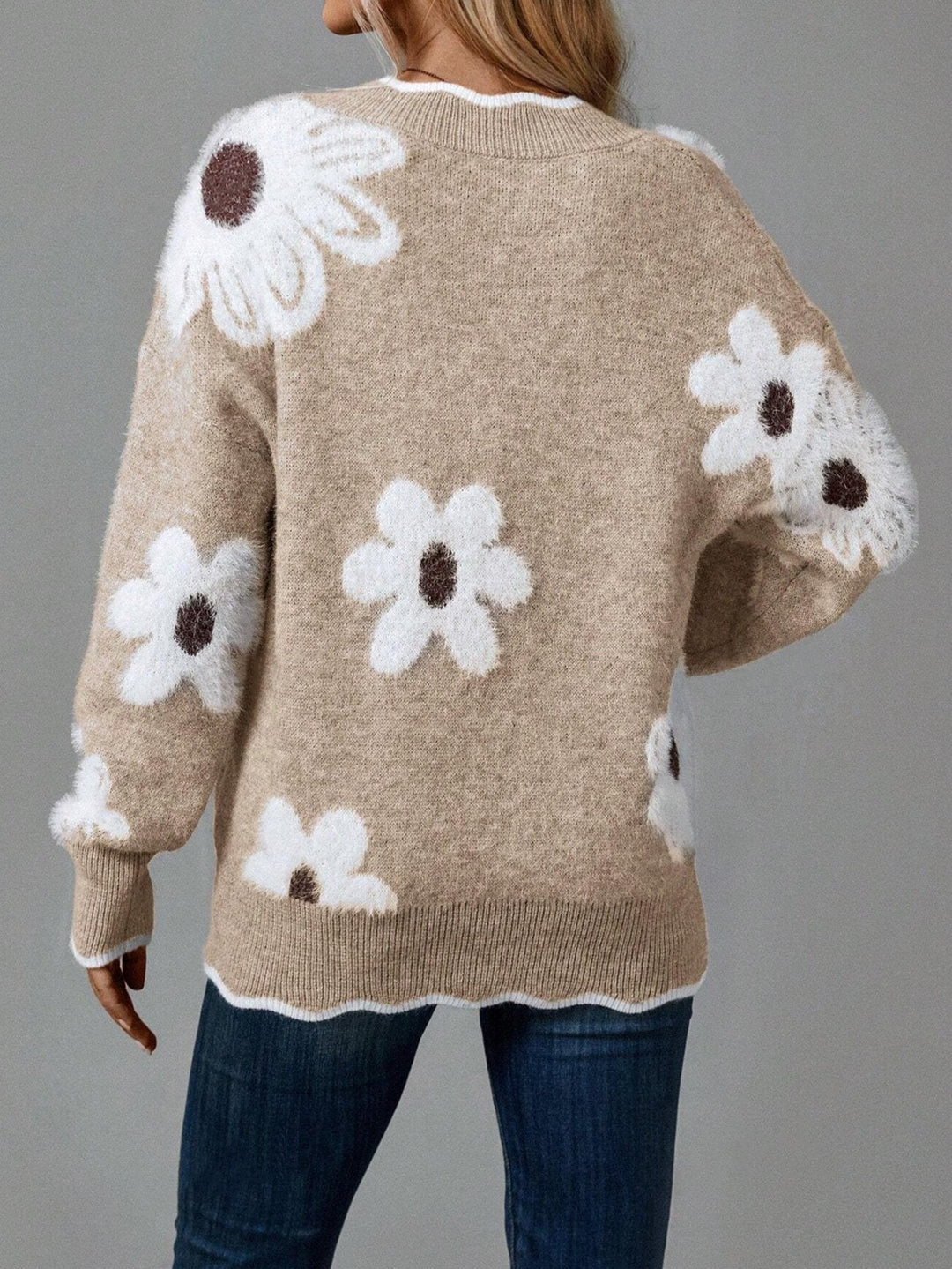 Odette™ - Elegant Blomster Sweater med Bølgekant