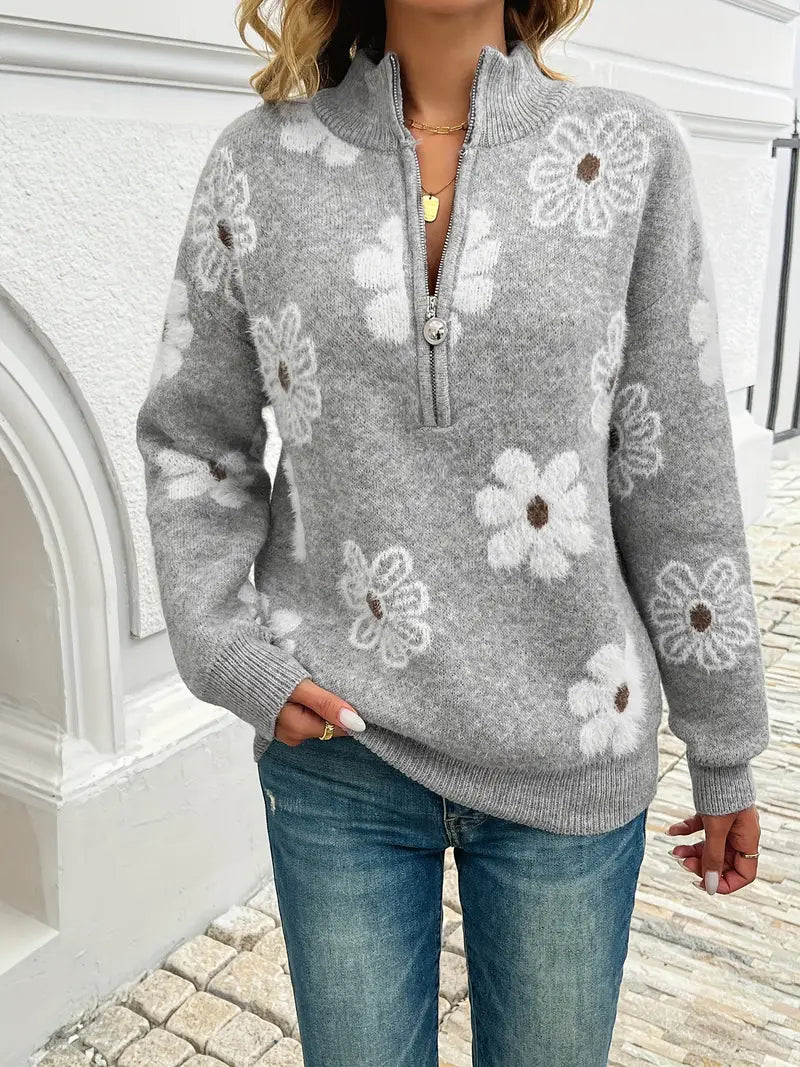 Pauline™ - Blomster Drop Shoulder Zip Sweater