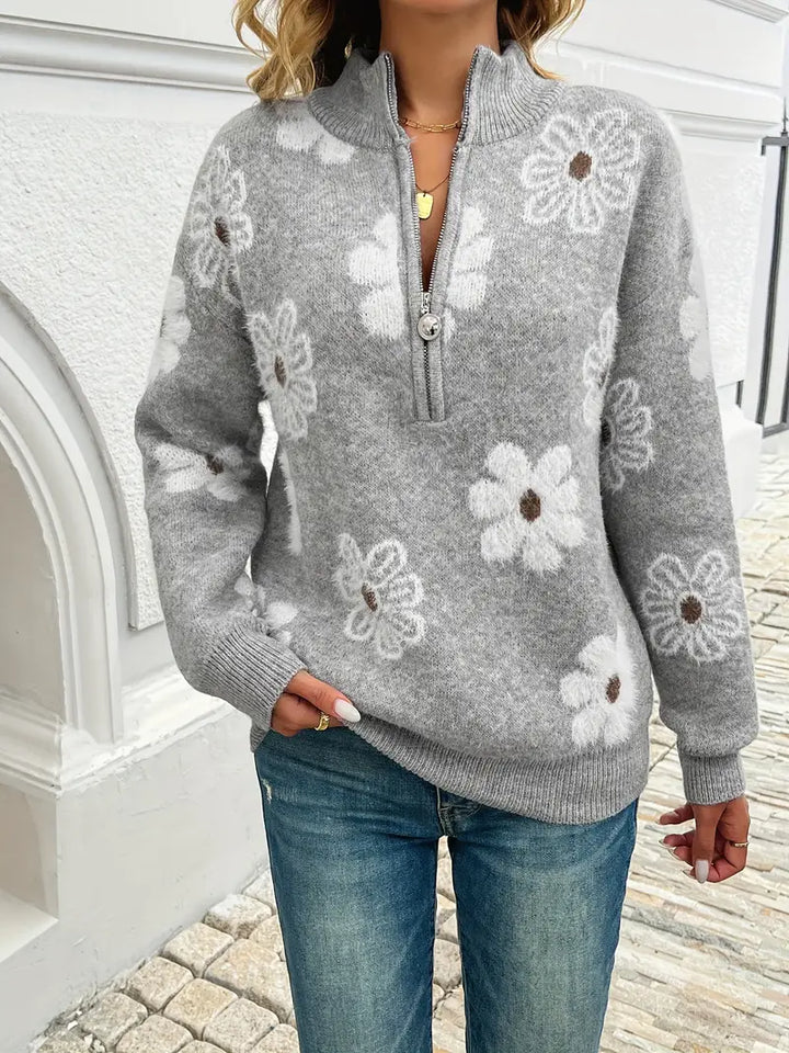 Pauline™ - Blomster Drop Shoulder Zip Sweater