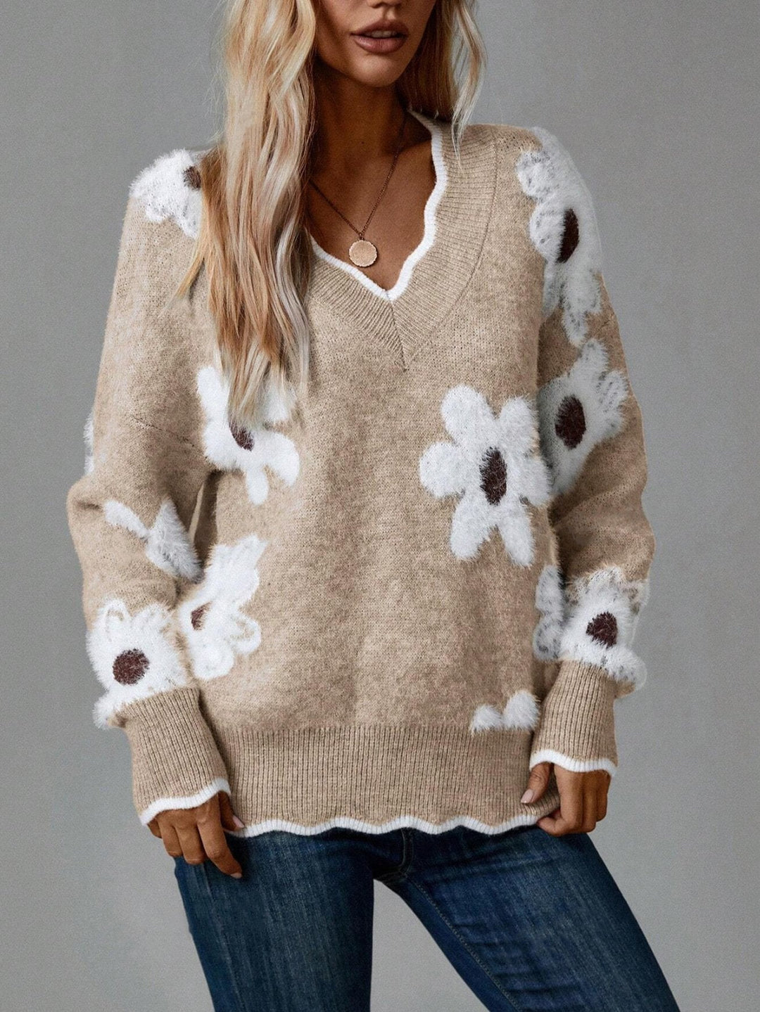Odette™ - Elegant Blomster Sweater med Bølgekant