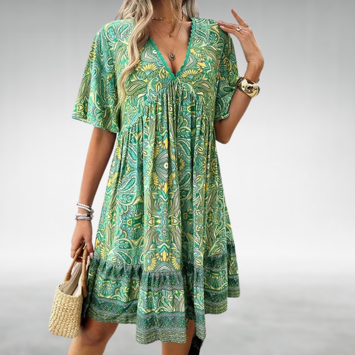 Marielle™ | Boheme Swingkjole med Print og V-udskæring