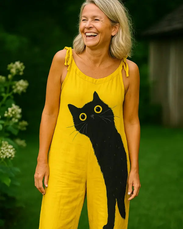 Anja™ | Farverige Selvbukser med Katteprint