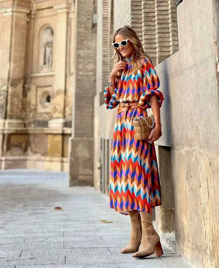 Marisol™ | Kjole med Geometrisk Print og Ballonærmer