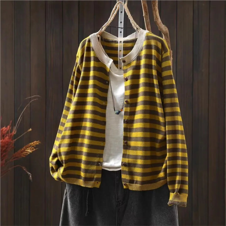 Cecilie™ | Retro Casual O-hals Stribet Top med Knapper