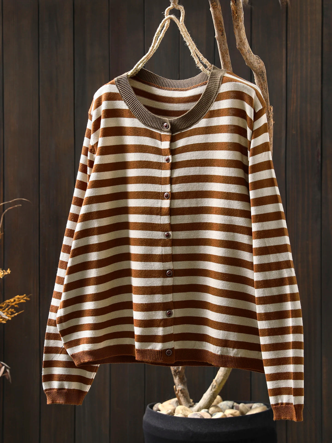 Cecilie™ | Retro Casual O-hals Stribet Top med Knapper