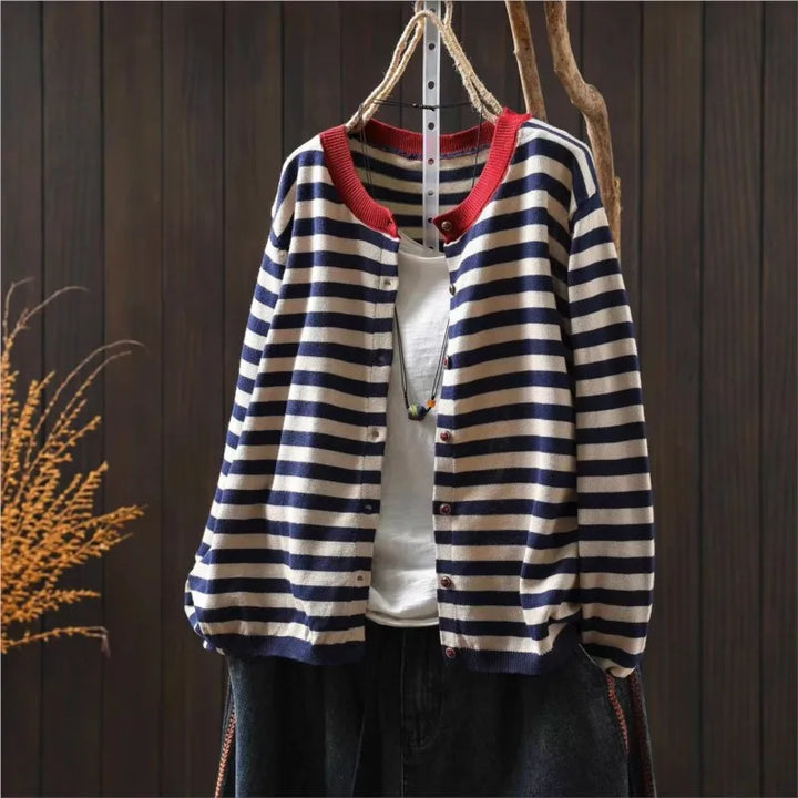 Cecilie™ | Retro Casual O-hals Stribet Top med Knapper