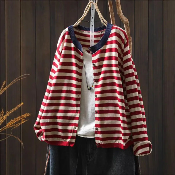 Cecilie™ | Retro Casual O-hals Stribet Top med Knapper