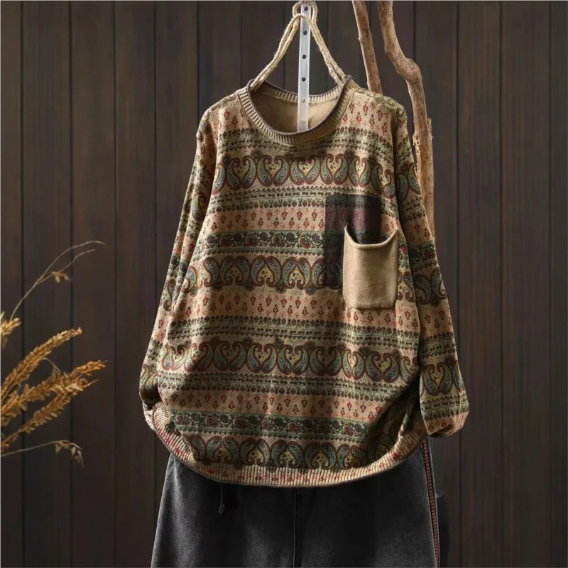 Karoline™ | Casual Løs O-hals Pullover med Lommer og Lange Ærmer