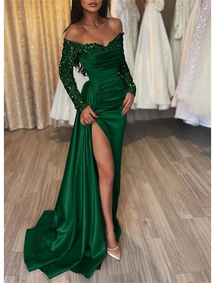 Jinkee™ | Off-Shoulder Funky Silk Maxi Kjole