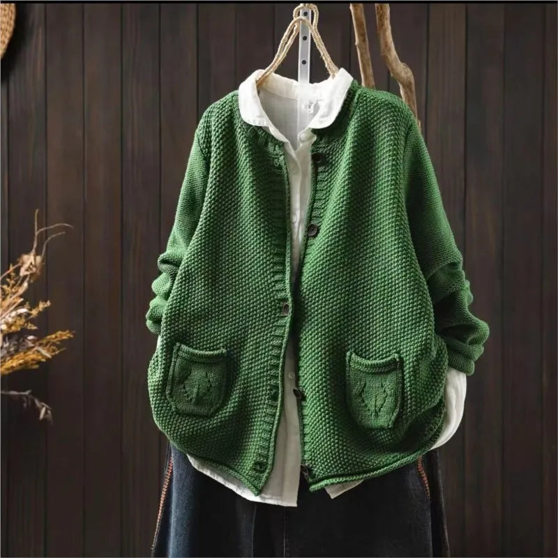 Marie™ | Casual Løs O-hals Langærmet Strikket Top med Knapper