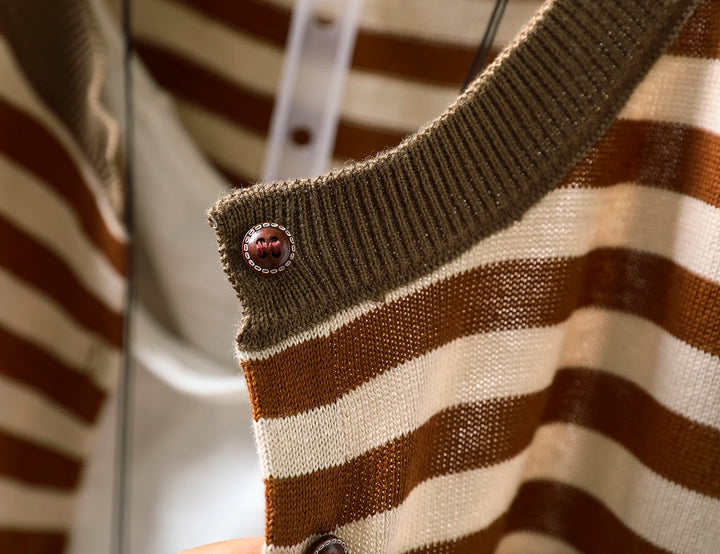 Cecilie™ | Retro Casual O-hals Stribet Top med Knapper
