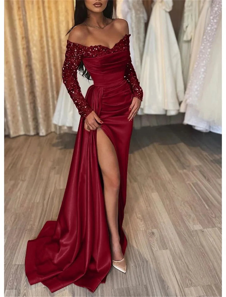 Jinkee™ | Off-Shoulder Funky Silk Maxi Kjole