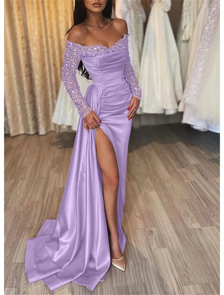 Jinkee™ | Off-Shoulder Funky Silk Maxi Kjole