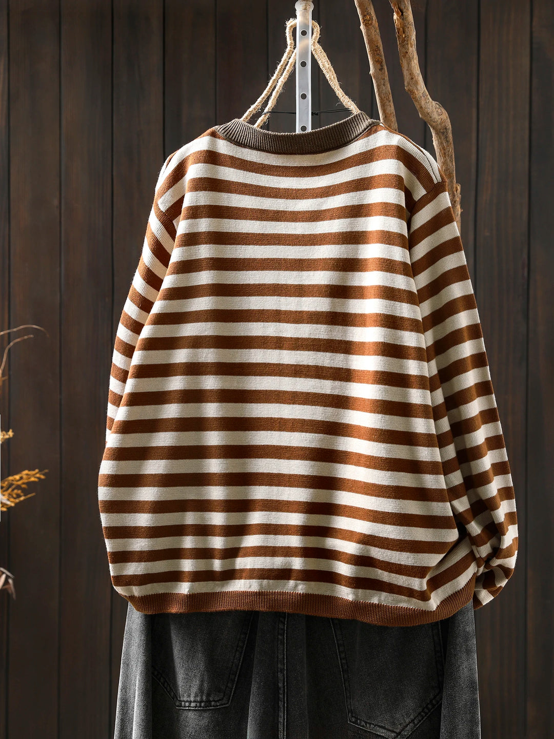 Cecilie™ | Retro Casual O-hals Stribet Top med Knapper