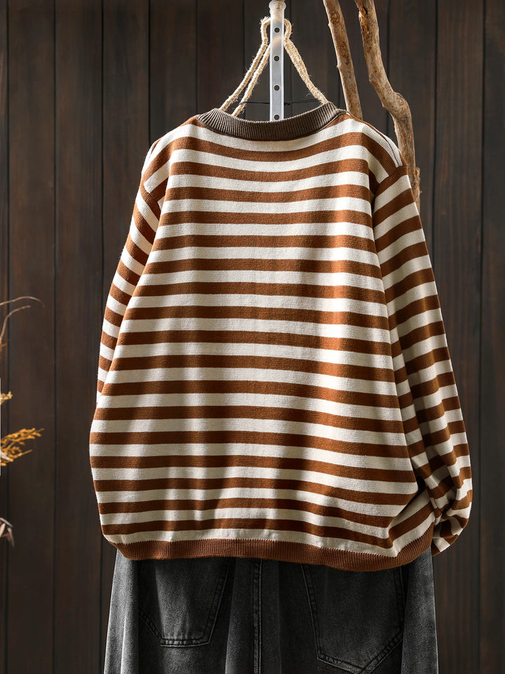 Cecilie™ | Retro Casual O-hals Stribet Top med Knapper