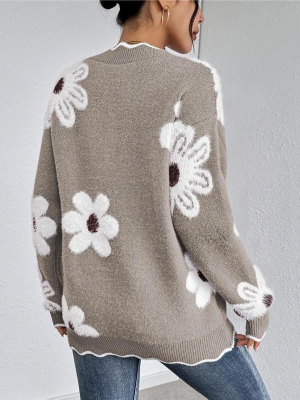 Odette™ - Elegant Blomster Sweater med Bølgekant