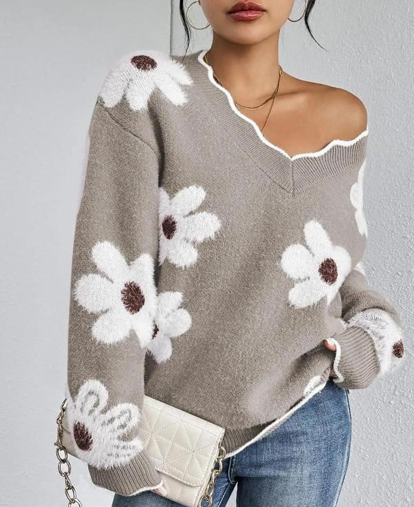 Odette™ - Elegant Blomster Sweater med Bølgekant