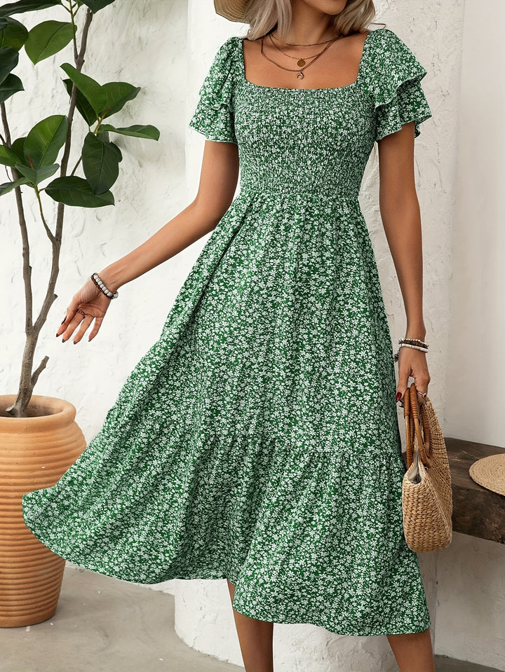Ebba™ | Elegant Midi Kjole med Blomstermønster og Flæser
