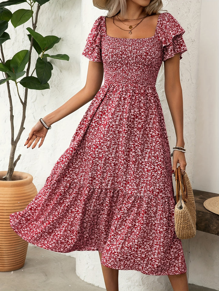Ebba™ | Elegant Midi Kjole med Blomstermønster og Flæser