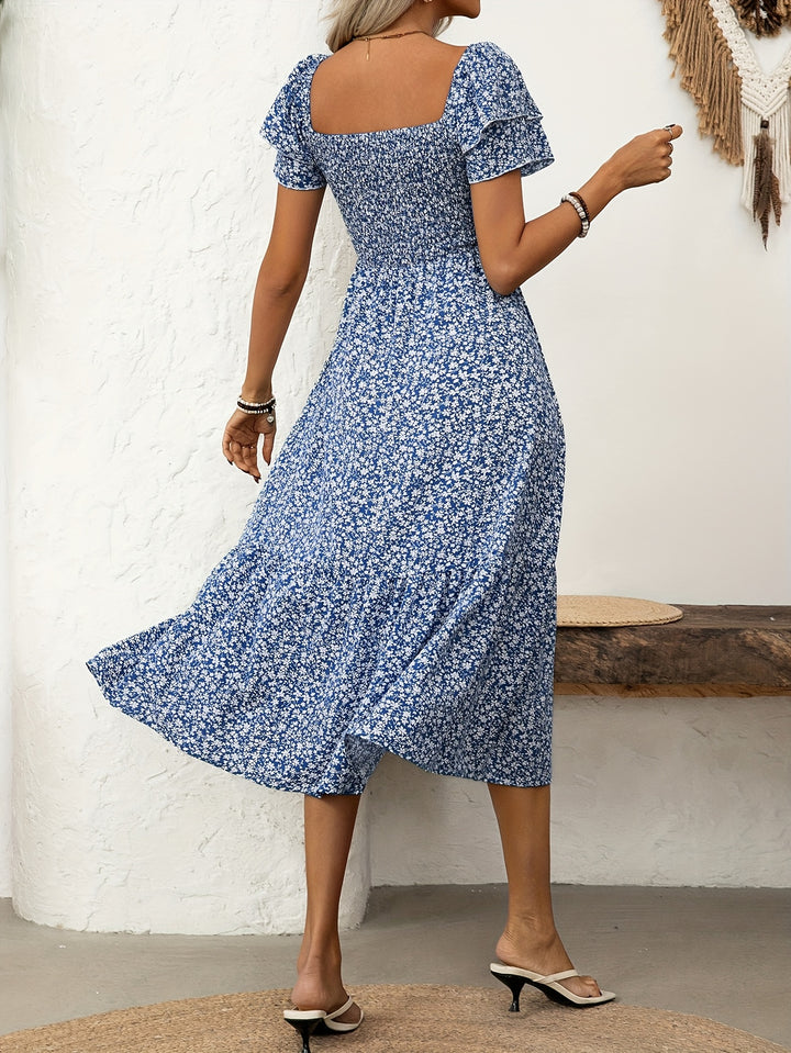 Ebba™ | Elegant Midi Kjole med Blomstermønster og Flæser