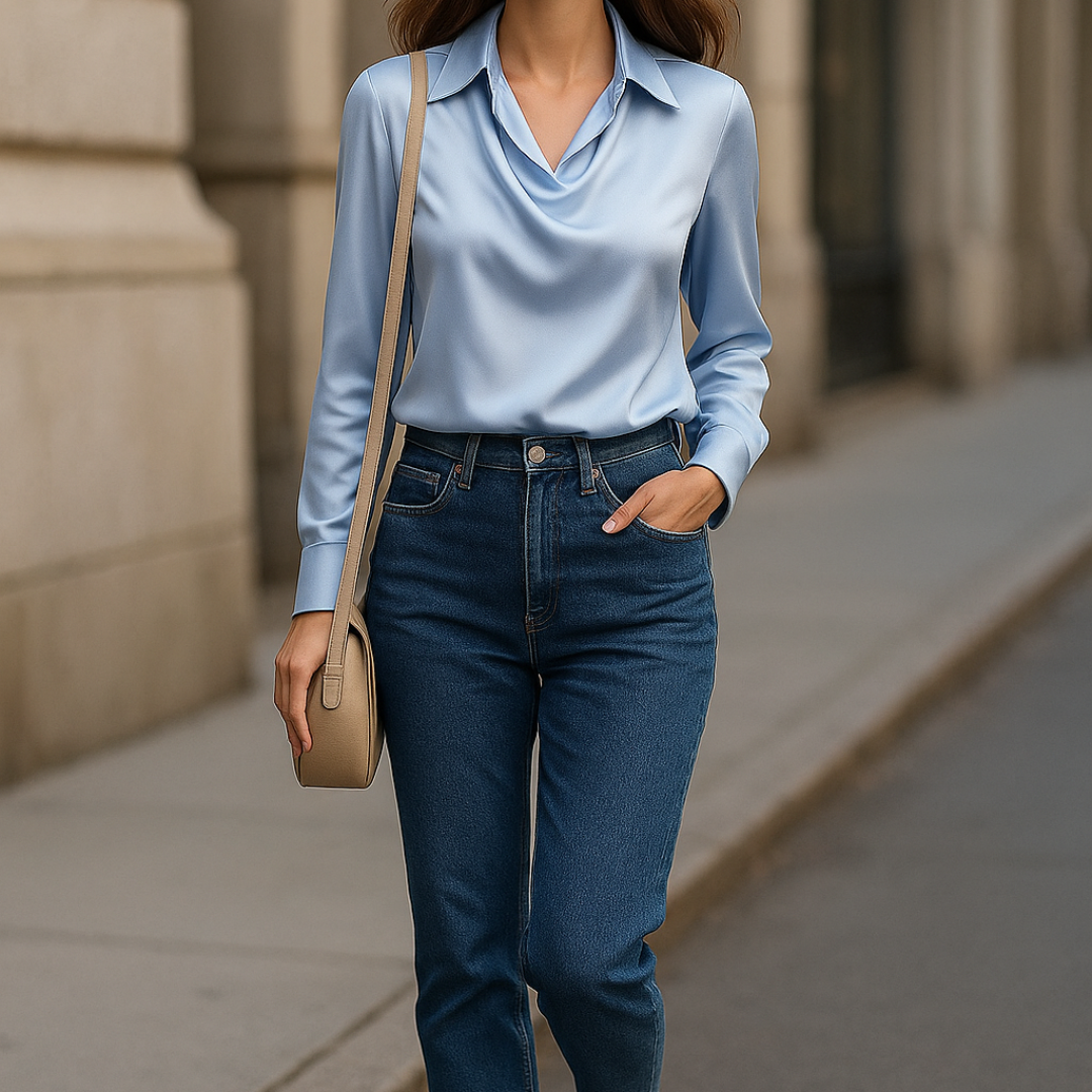 Mathilde™ | Elegant Skinnende Bluse med Plisseret Krave – Chic & Tidløs