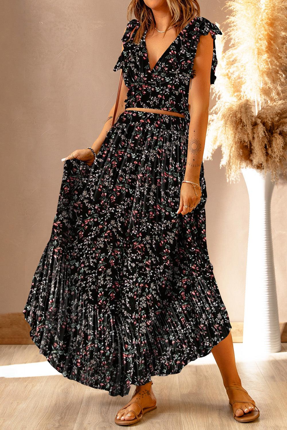 Lea™ | Rynket Crop Top og Maxinederdel med Blomsterprint