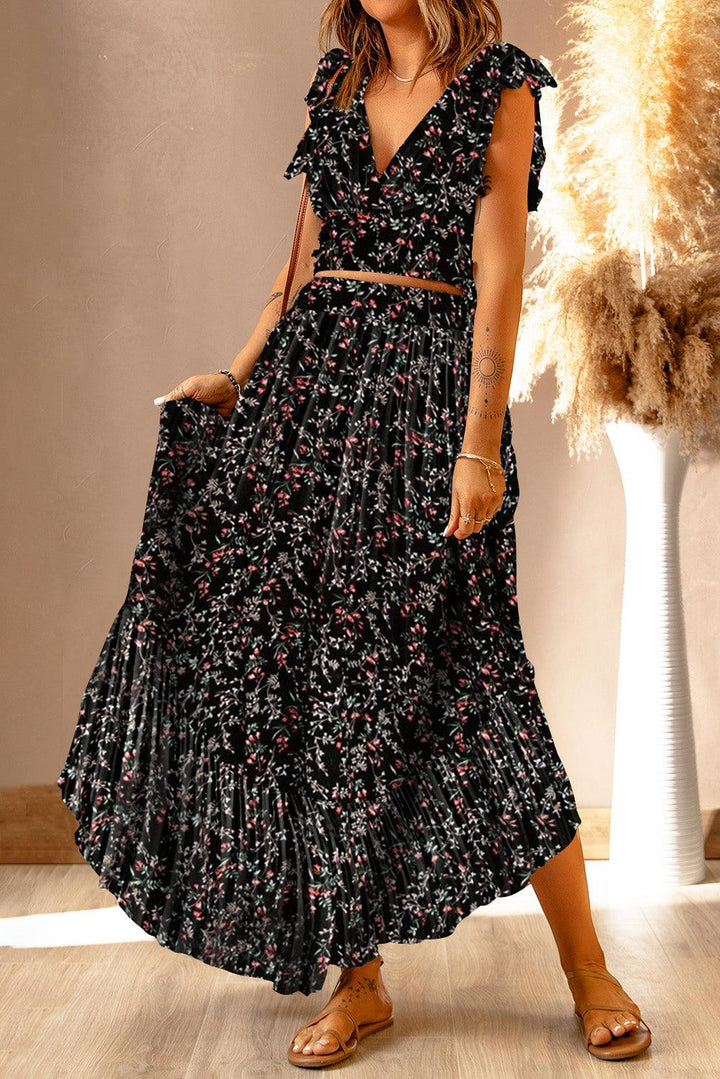 Lea™ | Rynket Crop Top og Maxinederdel med Blomsterprint
