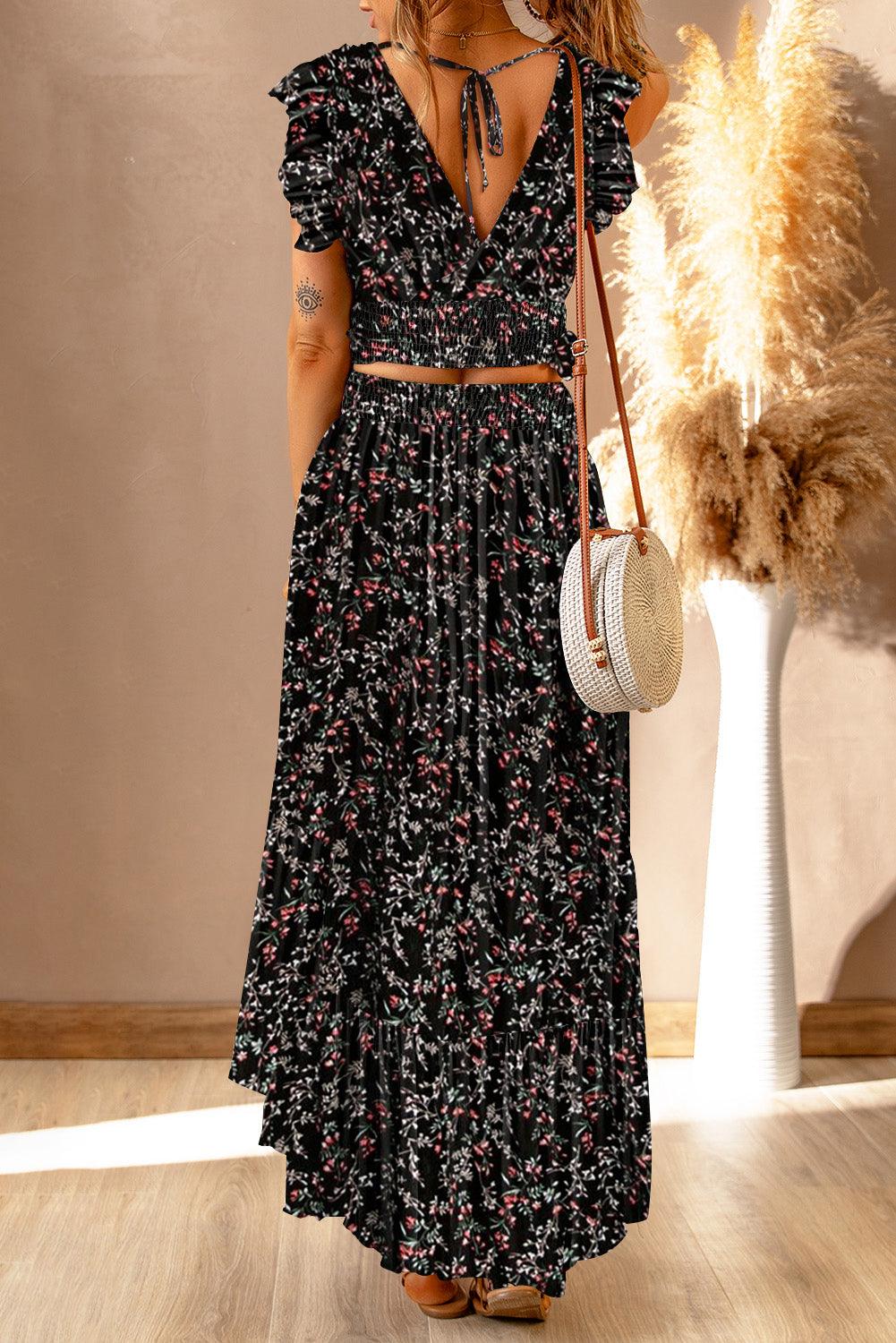 Lea™ | Rynket Crop Top og Maxinederdel med Blomsterprint