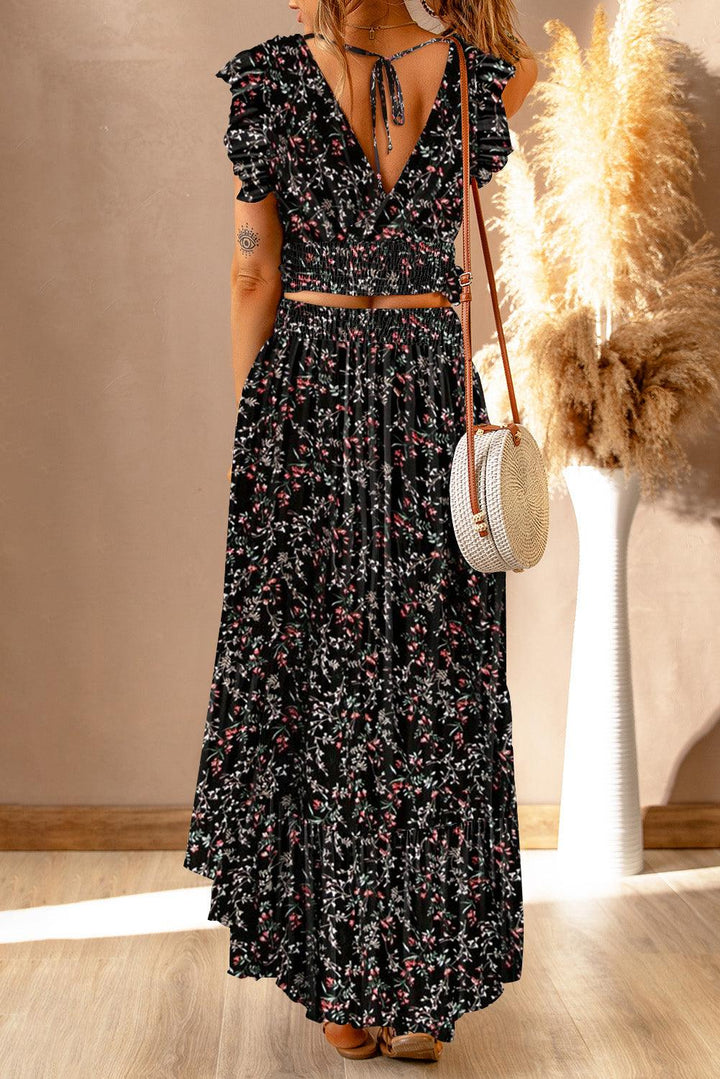 Lea™ | Rynket Crop Top og Maxinederdel med Blomsterprint