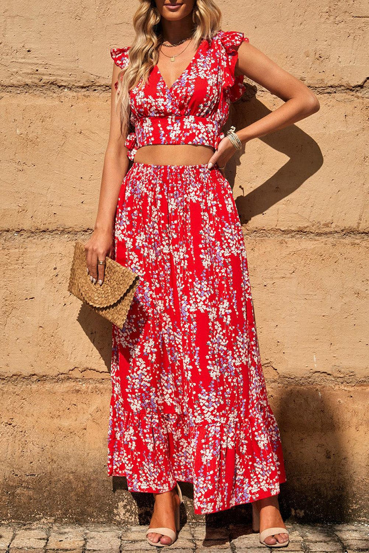 Lea™ | Rynket Crop Top og Maxinederdel med Blomsterprint