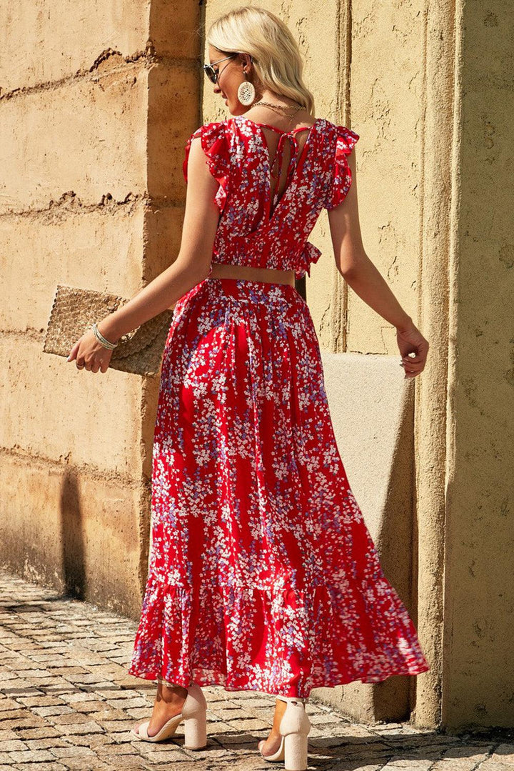 Lea™ | Rynket Crop Top og Maxinederdel med Blomsterprint