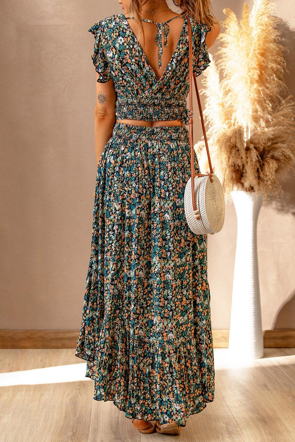 Lea™ | Rynket Crop Top og Maxinederdel med Blomsterprint