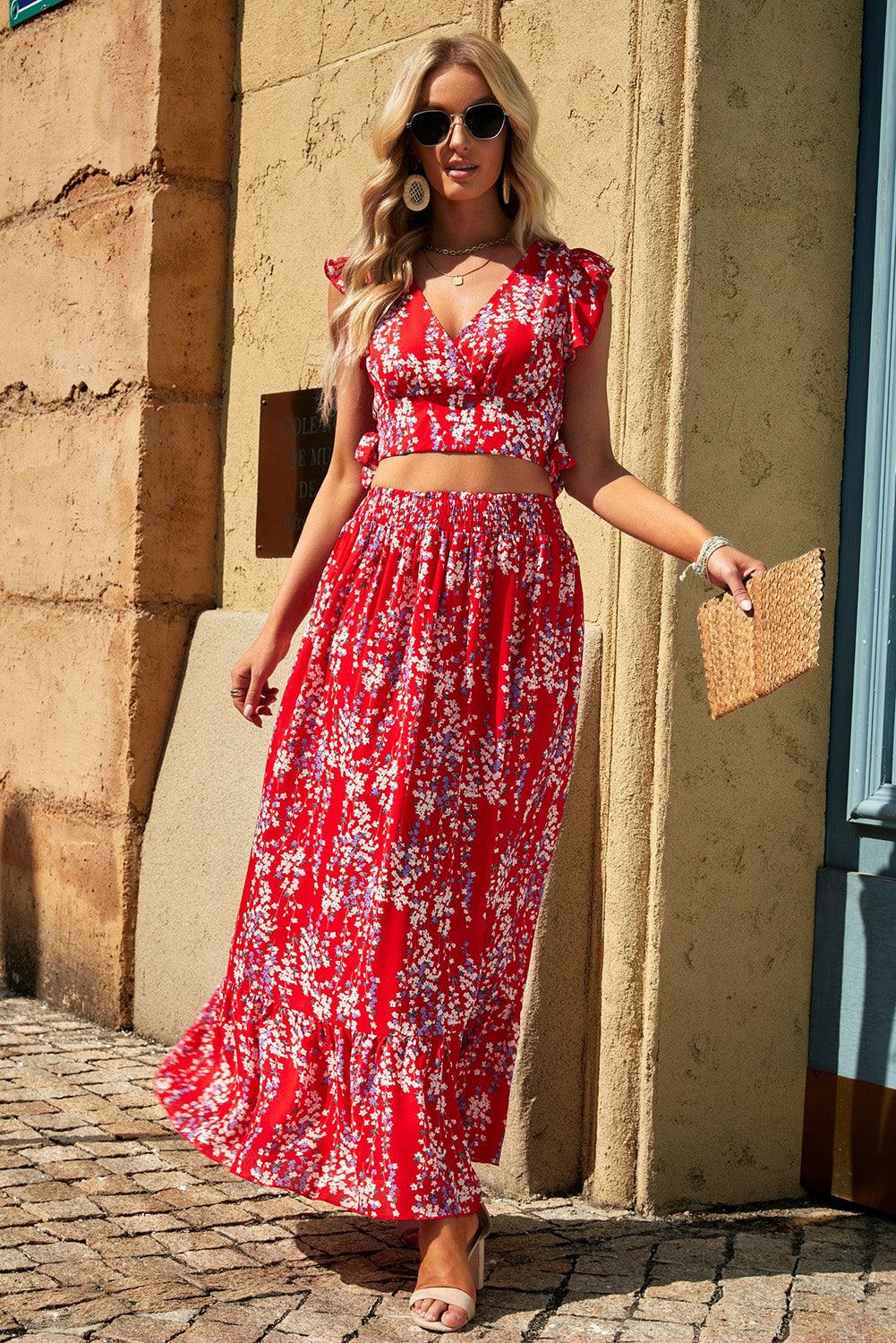 Lea™ | Rynket Crop Top og Maxinederdel med Blomsterprint