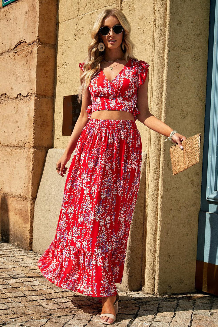 Lea™ | Rynket Crop Top og Maxinederdel med Blomsterprint