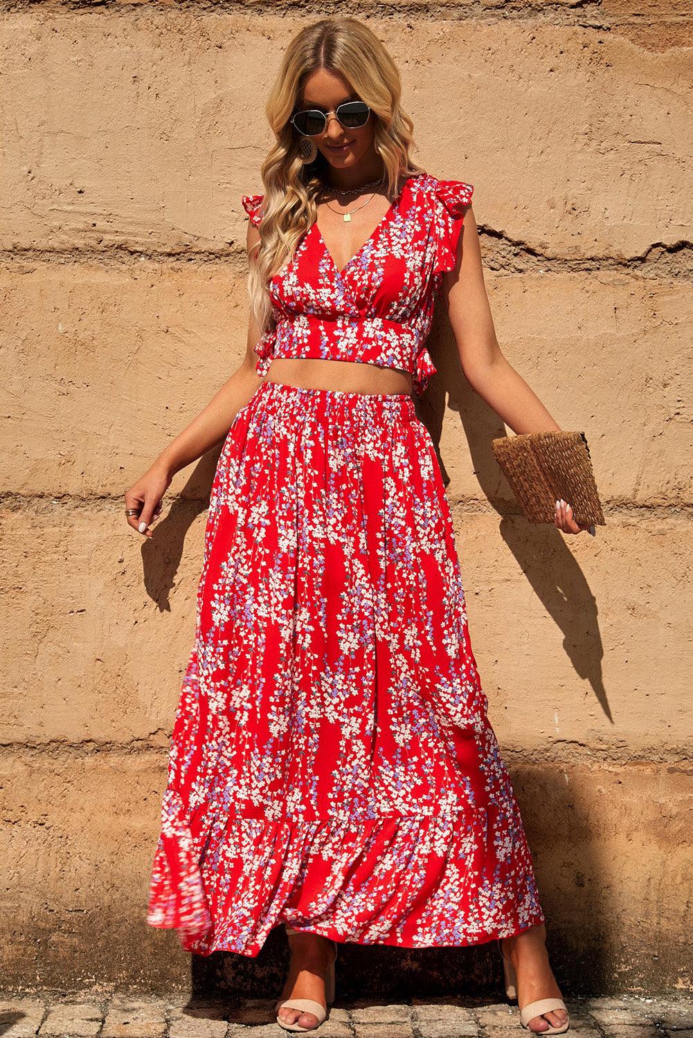 Lea™ | Rynket Crop Top og Maxinederdel med Blomsterprint