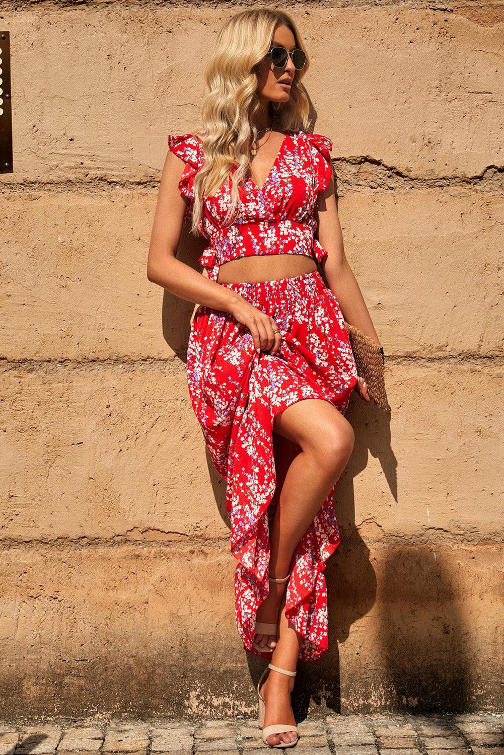 Lea™ | Rynket Crop Top og Maxinederdel med Blomsterprint