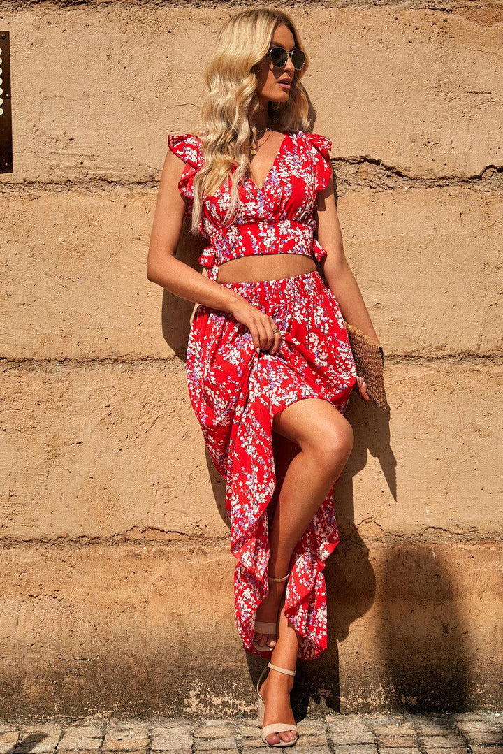 Lea™ | Rynket Crop Top og Maxinederdel med Blomsterprint