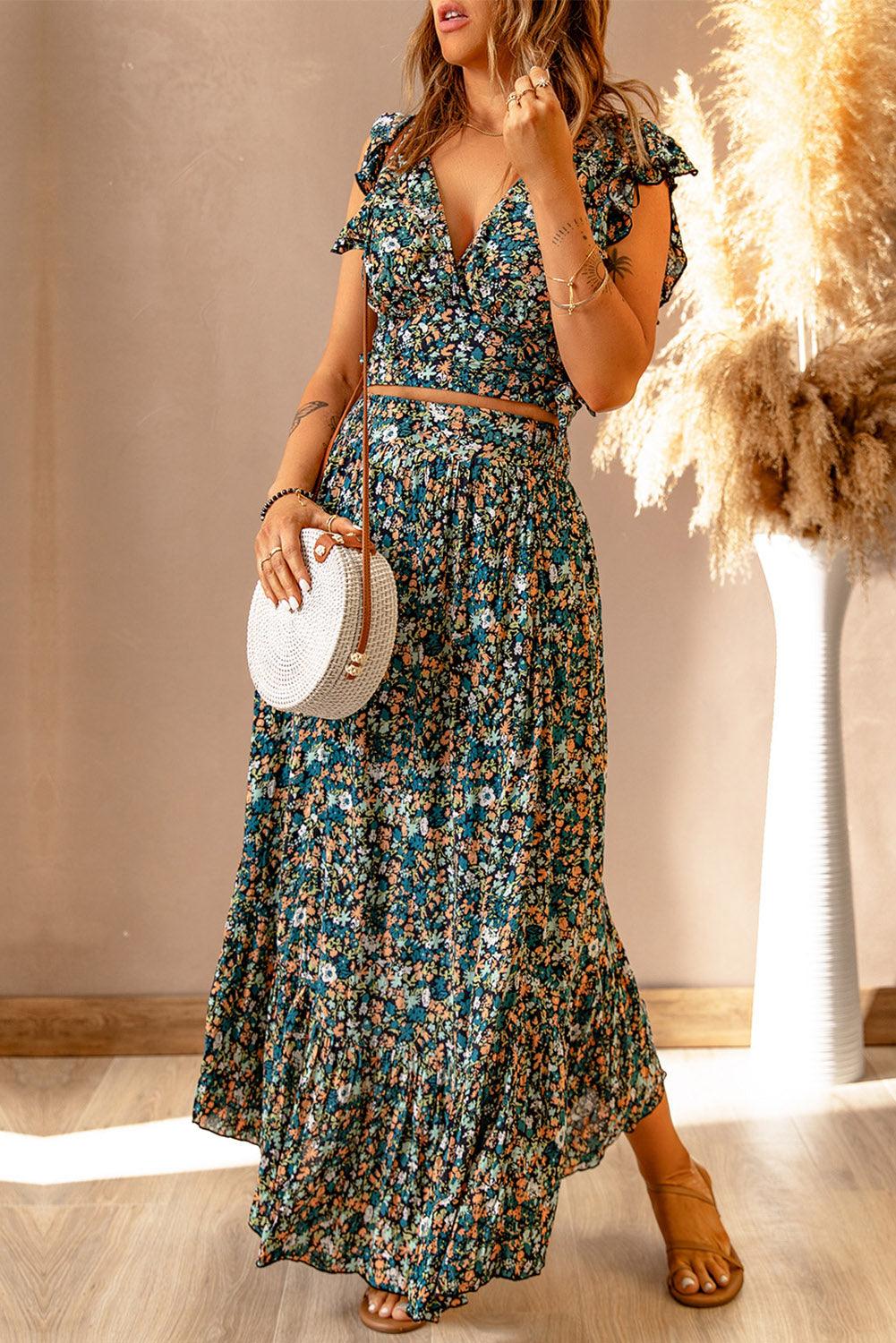 Lea™ | Rynket Crop Top og Maxinederdel med Blomsterprint