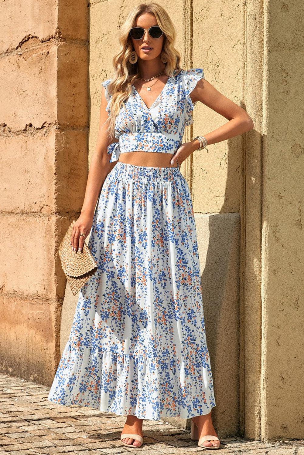 Lea™ | Rynket Crop Top og Maxinederdel med Blomsterprint