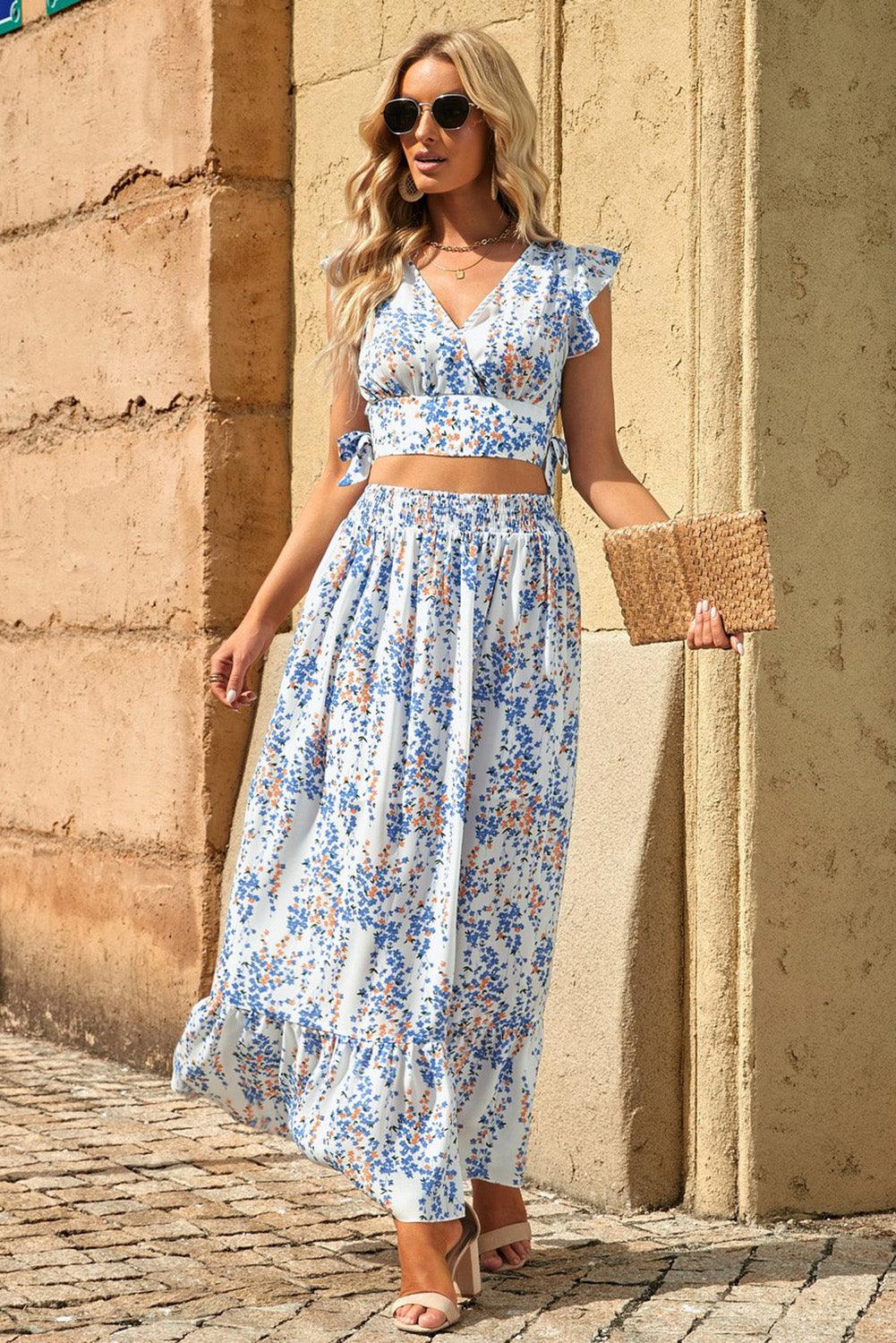 Lea™ | Rynket Crop Top og Maxinederdel med Blomsterprint