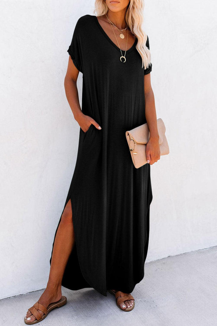 Emma™ | Maxi T-shirt Kjole med V-hals, Slids og Lommer