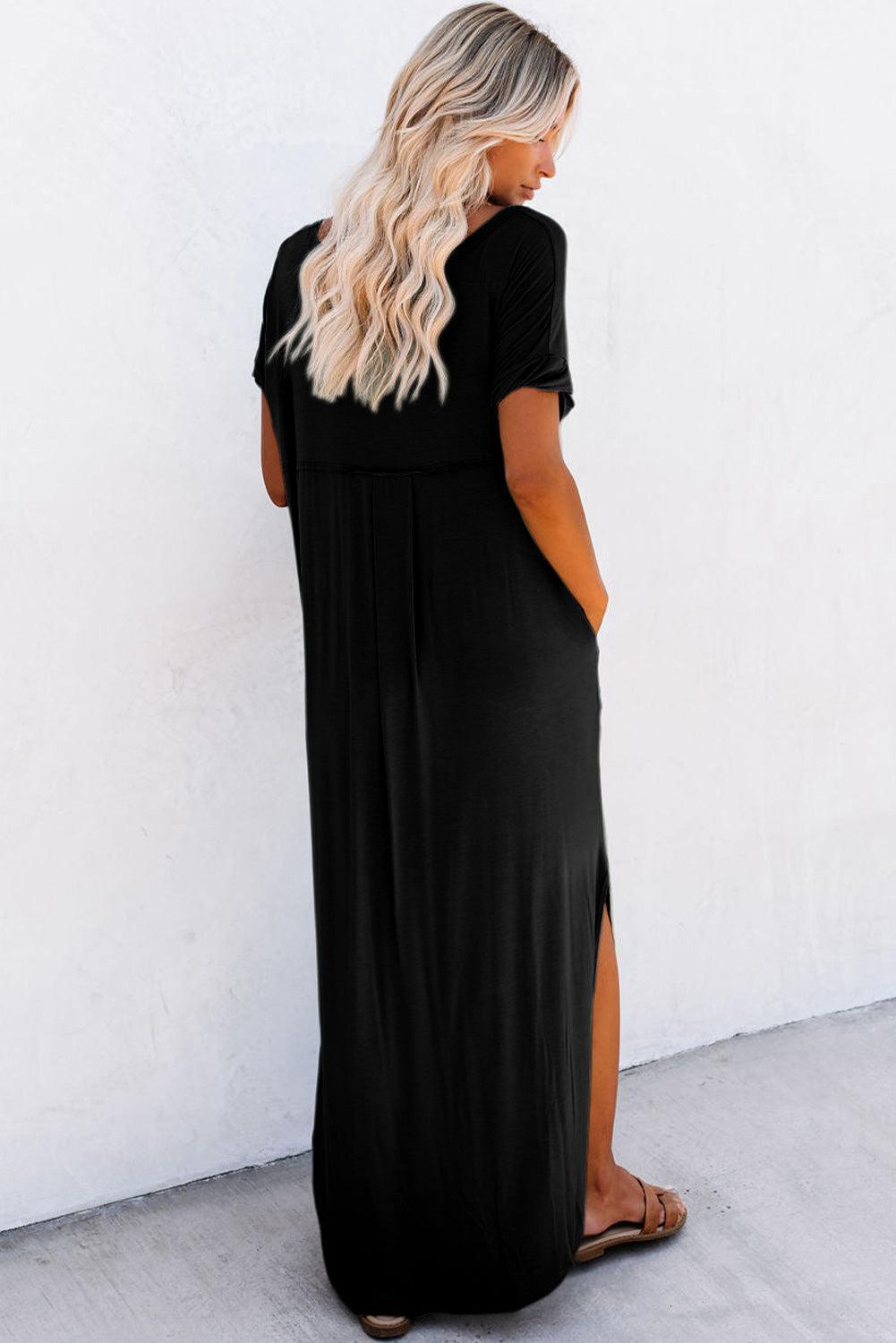 Emma™ | Maxi T-shirt Kjole med V-hals, Slids og Lommer