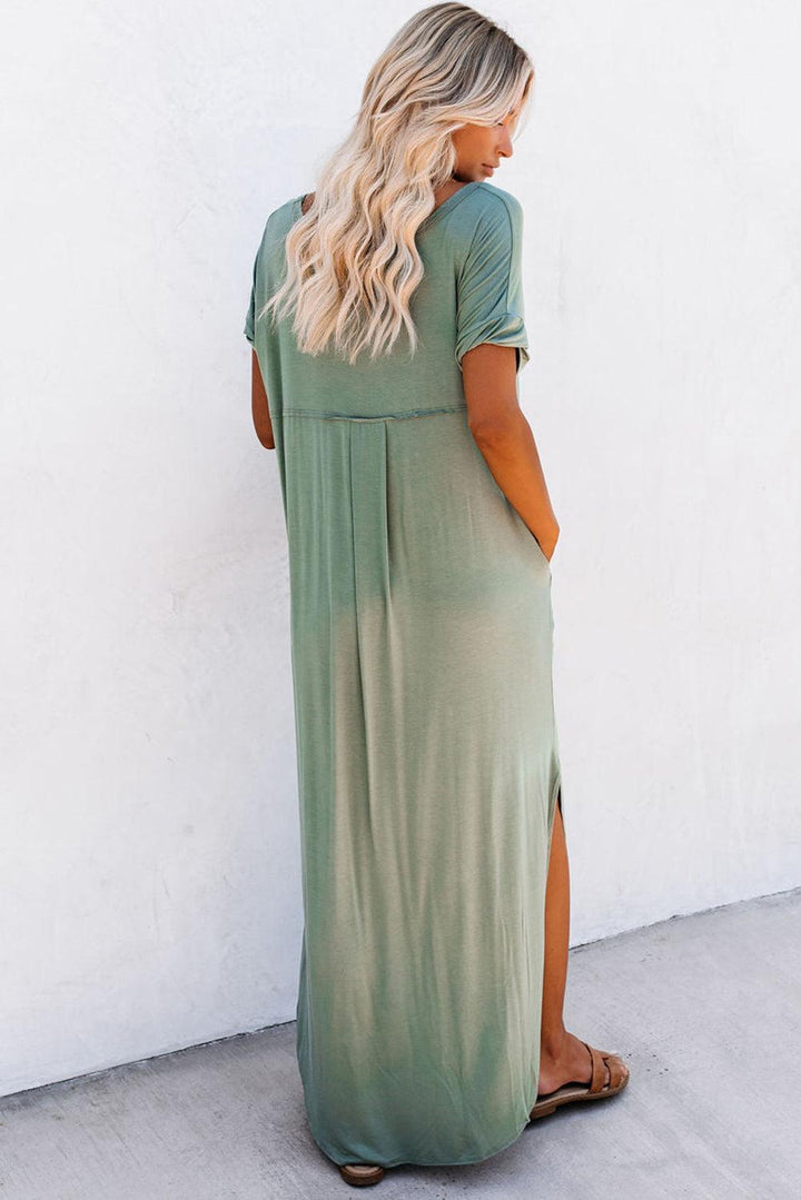 Anna™ | Maxi T-shirt Kjole med V-hals, Slids og Lommer