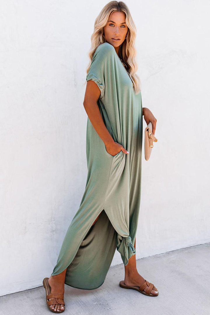 Anna™ | Maxi T-shirt Kjole med V-hals, Slids og Lommer