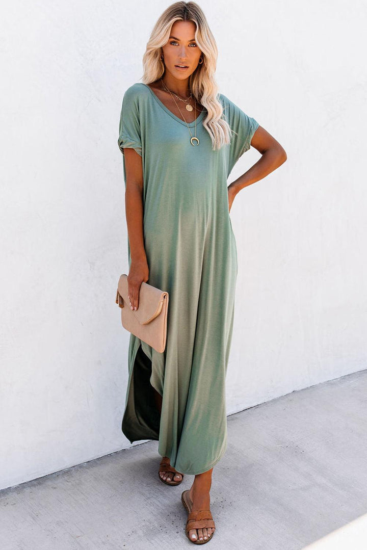 Anna™ | Maxi T-shirt Kjole med V-hals, Slids og Lommer